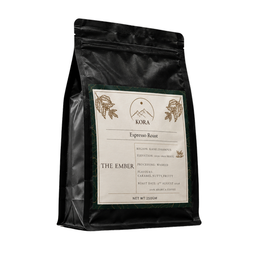 The Ember coffee bag label detail showing region, elevation and flavour notes