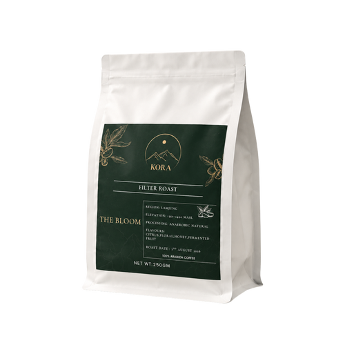 The Bloom coffee bag label detail showing region, elevation and flavour notes